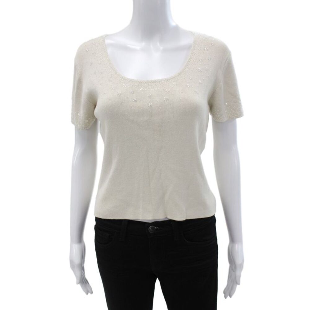 Emanuel Women Beaded Pullover Scoop Neck Short Sleeve Ivory Sweater Size M